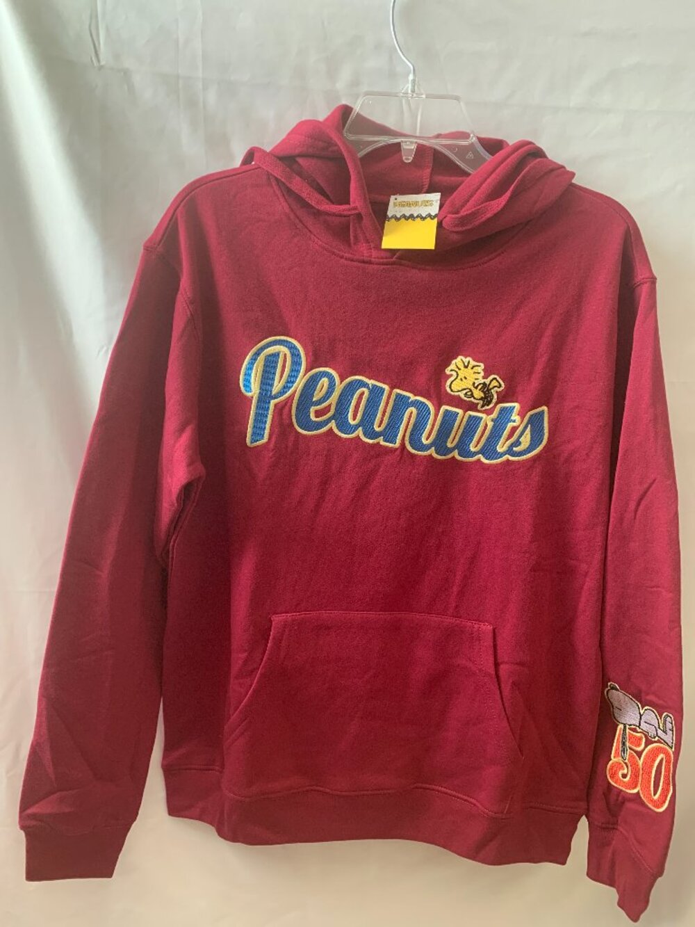 PEANUTS Snoopy & Woodstock Embroidered Hoodie Sweater in Burgundy Sz LARGE